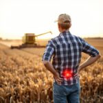 AI created image of farmer in grain field with backpain.
